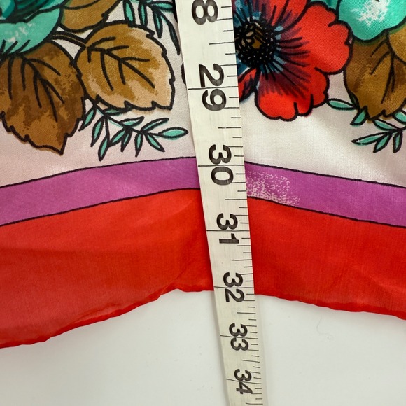 Vintage Floral Silk Scarf Hand Rolled Women's Red‎ Teal Pink Cottage Roses - Picture 7 of 8